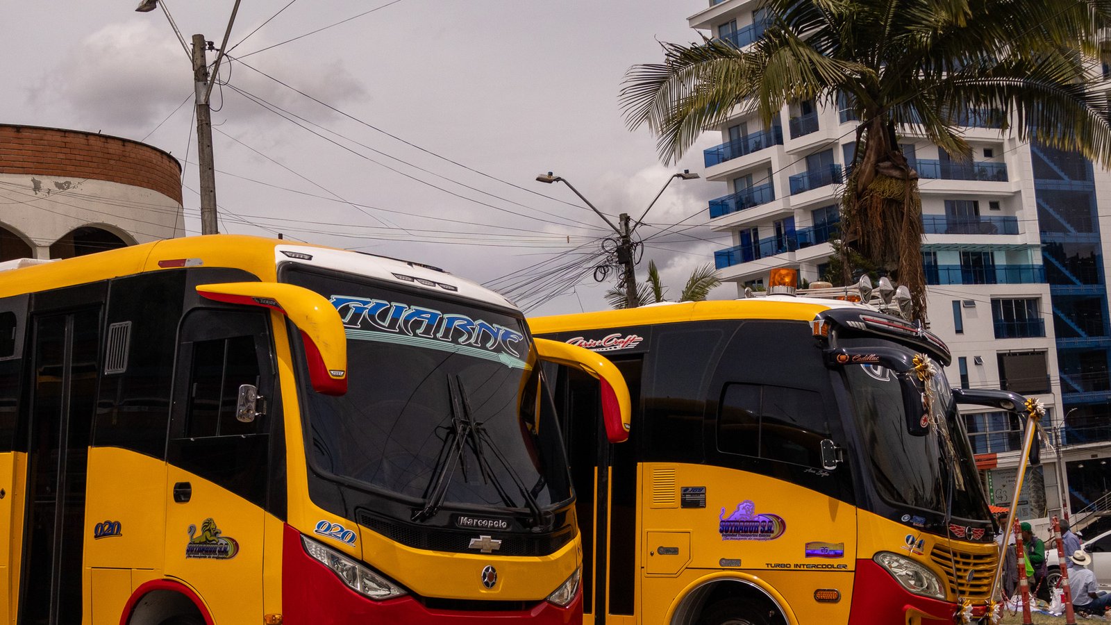Buses amarillos de SOTRAGUR S.A. en punto de operaci&oacute;n